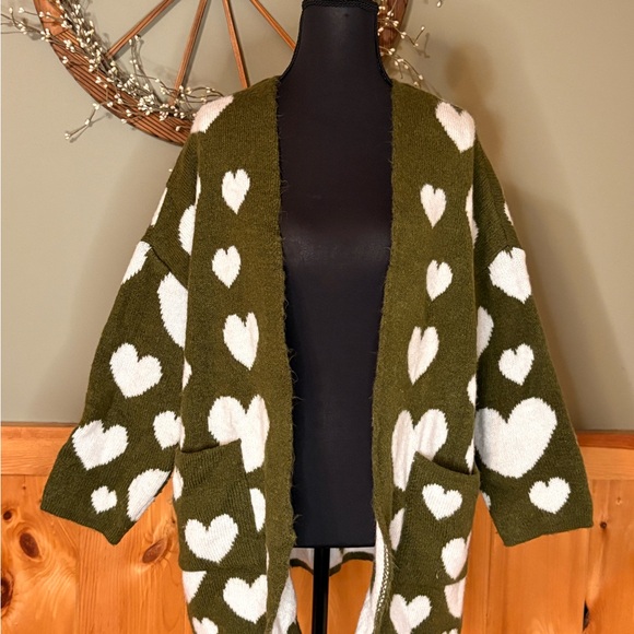 Anthropologie Maeve Halley Hearts Cardigan SZ XS/S Oversized Green/White - Picture 1 of 11